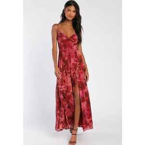 Lulus Beautiful Soul Burgundy Floral Print Twist-Front Chiffon Maxi Dress NWT M